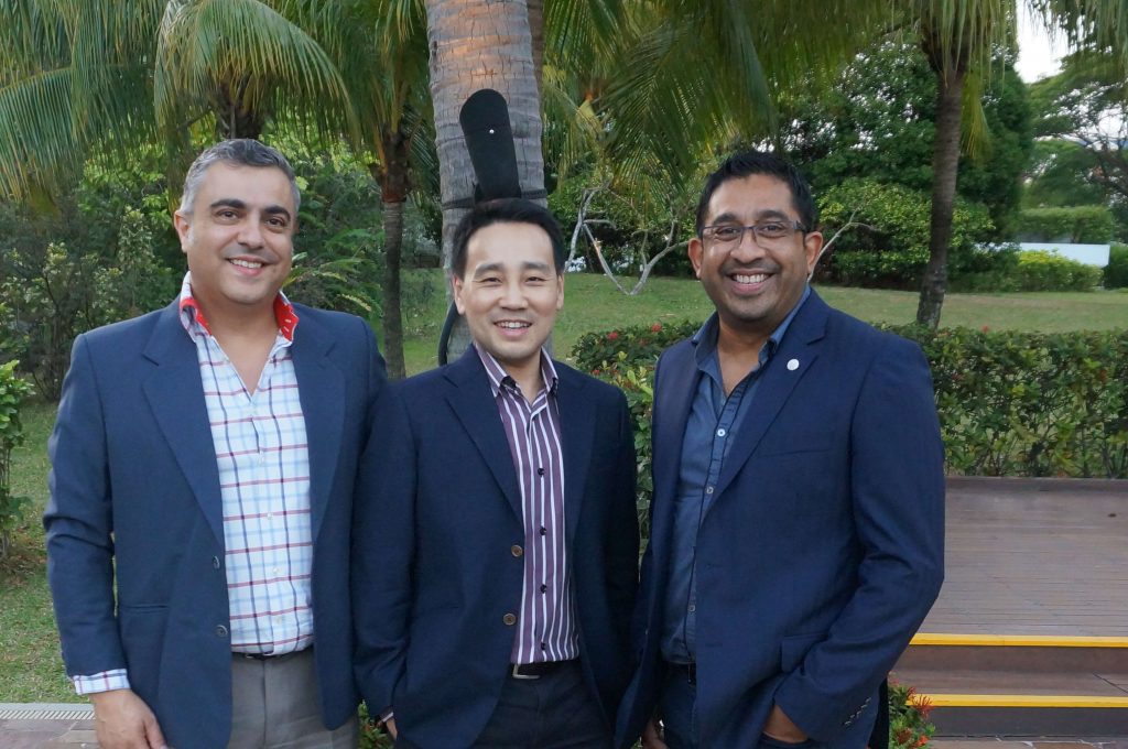 The three founders of Arcadier, Paul Cascun, Kenneth Low and Dinuke Ranasinghe (from left to the right) flash smiles as they pose for a interview feature article.