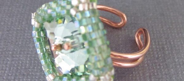 ADJUSTABLE BEADED BEZEL CHRYSOLITE CRYSTAL BUTTON COPPER RING Lexi Butler Designs