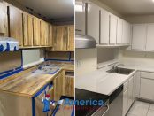 before and after picture fo cabinet refinishing service by America Refinishing Pros