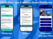 Hinfo with 3 iPhones Showing Mobile App, Website and PWA for Guests