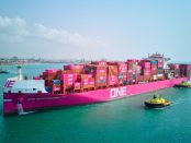 Photo Caption: Arrival of magenta ONE vessel, ONE Responsibility, in West Africa at Meridian Port Services (MPS), Tema