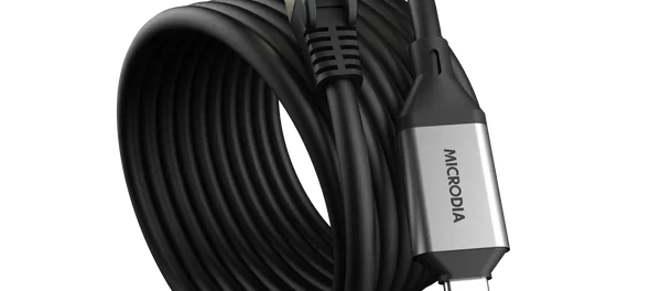 A black MICRODIA USB-C to RJ45 Ethernet cable with gold-plated connectors, tri-braided nylon jacket, and 2-meter length. Supports 1Gbps speeds for stable wired connections on MacBooks, Chromebooks, iPhones, and USB-C devices.
