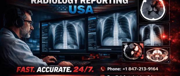 Emergency Radiology Reporting USA specialist reviewing CT and X-ray scans on multiple monitors with 24/7 teleradiology services across all 50 states.