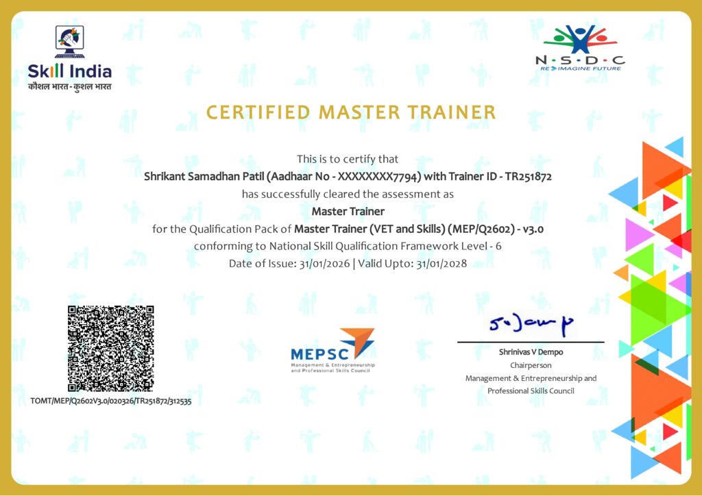Shreekant Patil  Certified Master Trainer Skill India NSDC DVET