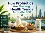 Probiotic foods and supplements displayed with the Dubai skyline in the background, highlighting gut health, immunity, digestion, and wellness trends across the GCC region.